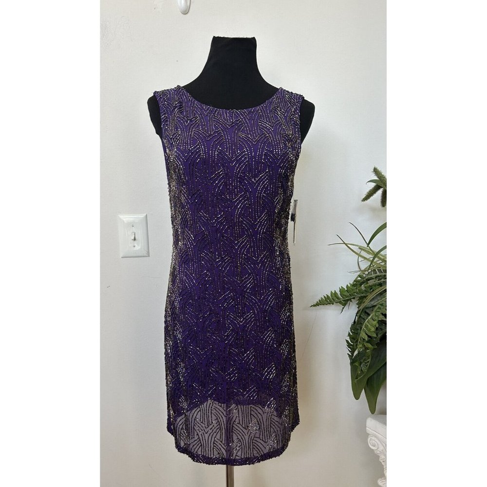 NWT Alice + Olivia Purple Beaded Silk Retro Flapper Sparkle Mini Dress Sz 8 $597